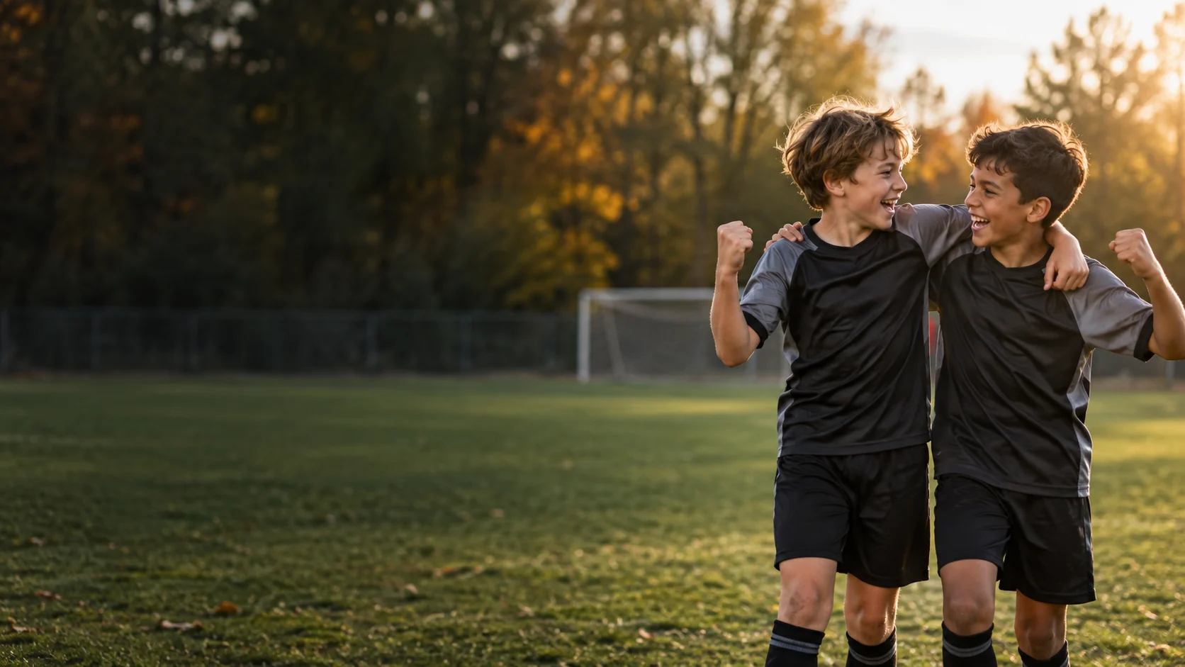 Zwei fiktive junge Fußballspieler jubeln gemeinsam auf einem herbstlichen Vereinsplatz