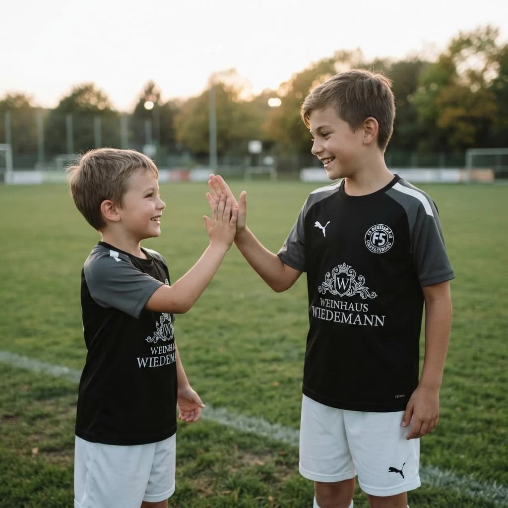 Ein älteres und ein jüngeres Fußballkind klatschen sich lächelnd auf dem Sportplatz ab