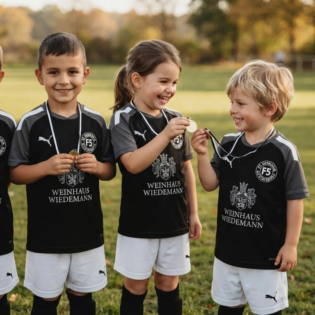 Kinder der G-Jugend zeigen einander stolz ihre goldenen Medaillen und strahlen um die Wette